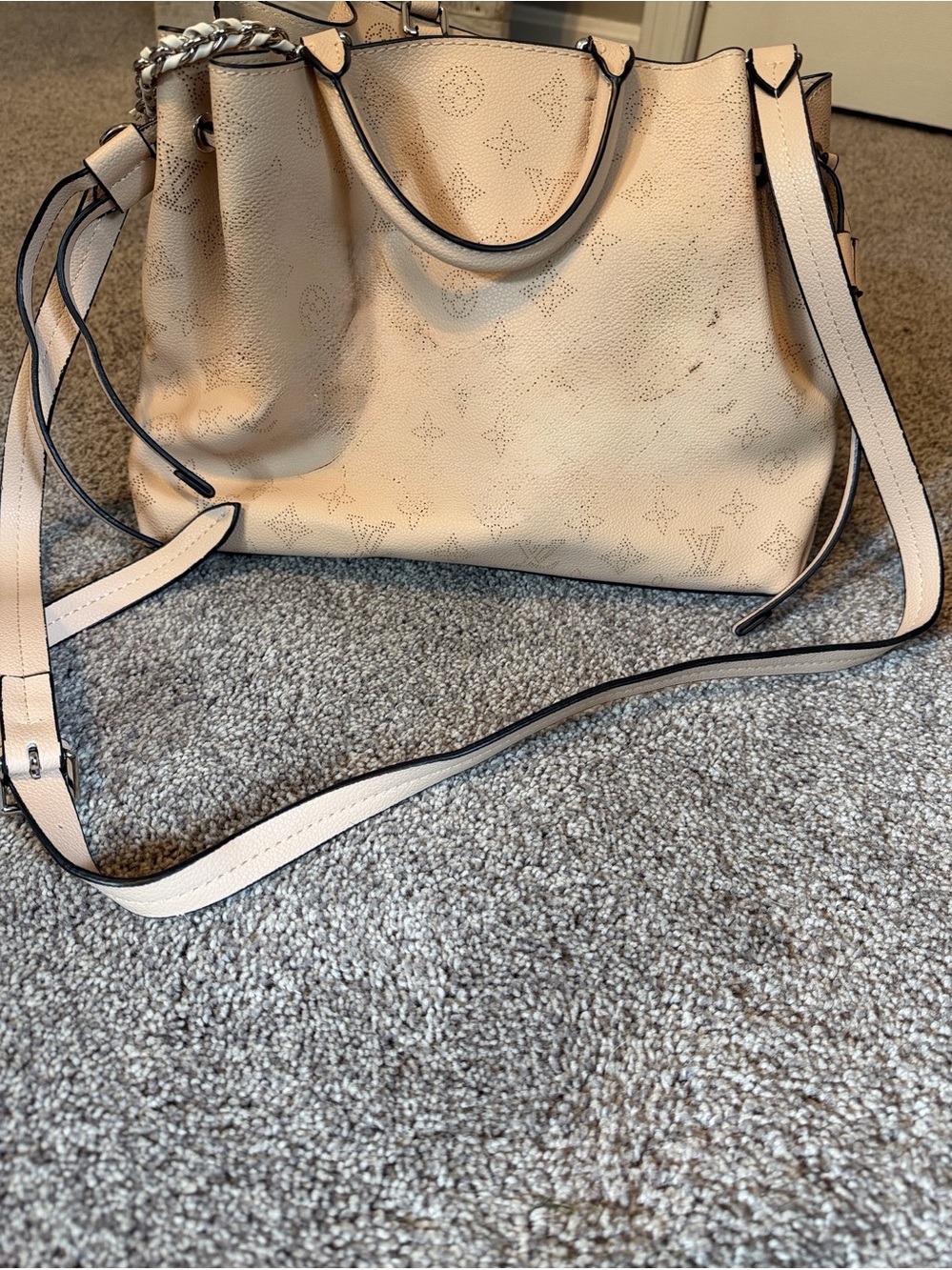 Cream Perforated Monogram Shoulder Bag